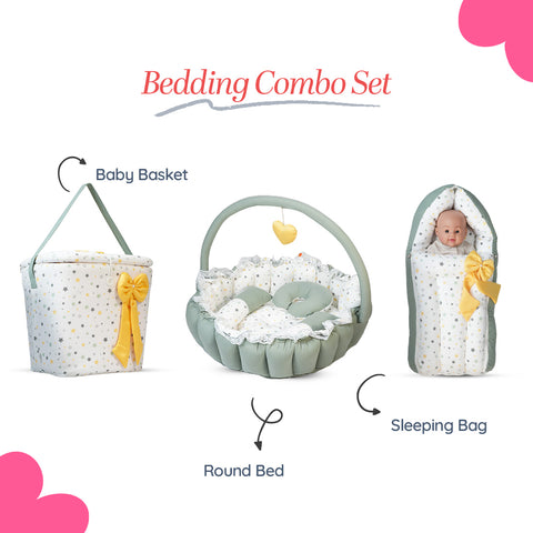 Adorables Baby Round Bedding Combo Set 3 in 1 | White & Olive Green | Star Print, Bow & Lace | Cotton & Recron | With Round Bed, Basket (L) & Baby Holder