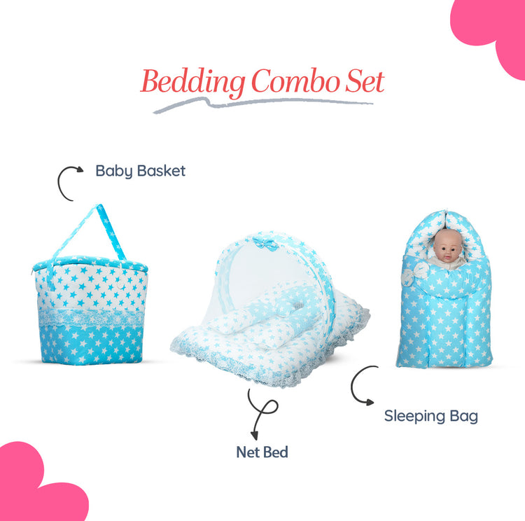 Adorables Baby Hospital Bedding Combo Set 3 in 1 | Sky Blue & White | Star Print, Bow & Lace Design | Cotton & Recron | Hospital Bed, Baby Holder & Basket (Large)