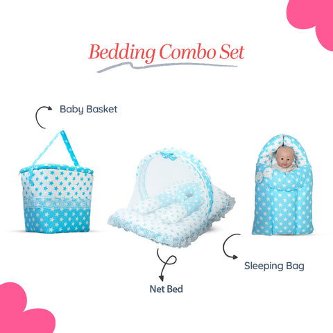 Adorables Baby Hospital Bedding Combo Set 3 in 1 | Sky Blue & White | Star Print, Bow & Lace Design | Cotton & Recron | Hospital Bed, Baby Holder & Basket (Large)