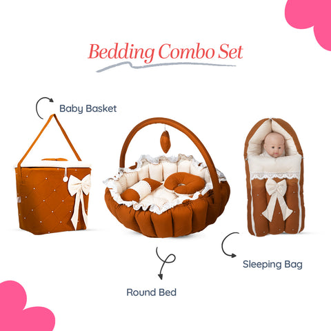 Adorables Baby Round Bedding Combo Set 3 in 1 | Coffee & Off White | Bow & Lace Work | Cotton & Recron | Includes Round Bed, Sleeping Bag & Large Basket