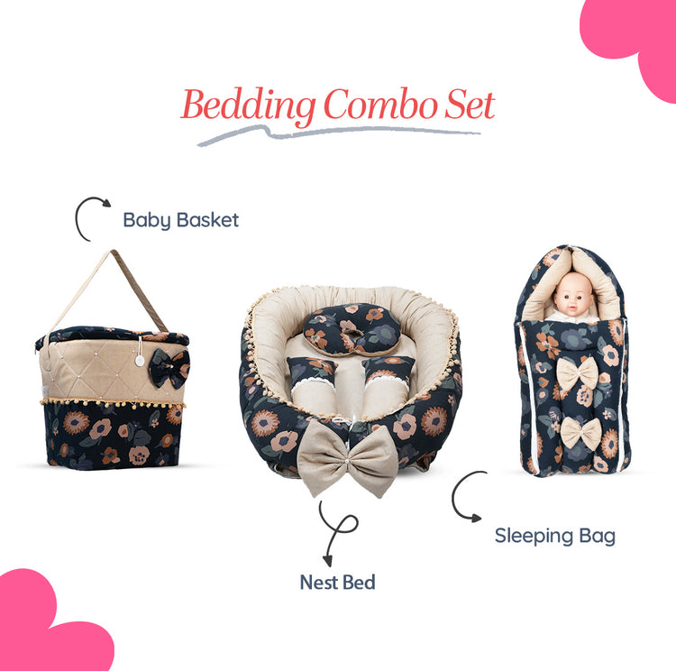 Adorables Baby Nest Bedding Combo Set 3 in 1 | Black & Beige | Floral Print | Cotton & Recron | With Nest Bed, Basket (L) & Sleeping Bag