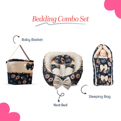 Adorables Baby Nest Bedding Combo Set 3 in 1 | Black & Beige | Floral Print | Cotton & Recron | With Nest Bed, Basket (L) & Sleeping Bag