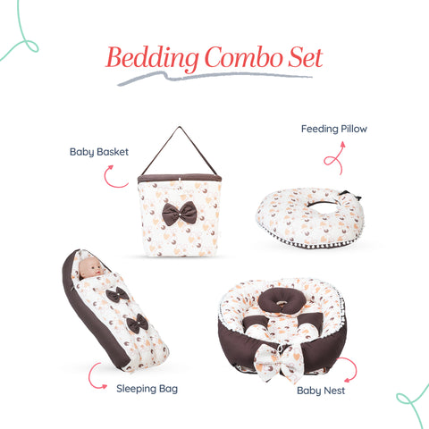 Adorables Baby Nest Bedding Combo Set 4 in 1 | Dark Coffee & White | Heart Print, Bow Work & Lace Design | Cotton & Recron | Includes Baby Nest, Baby Holder, Basket (L) & Feeding Pillow.