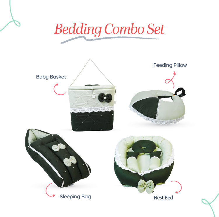 Adorables Baby Nest Bedding Combo Set 4 in 1 | Light Green & Dark Green | Bow, Pearls & Lace Design | Cotton & Recron | Includes Baby Nest, Sleeping Bag, Basket (L) & Feeding Pillow