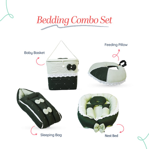Adorables Baby Nest Bedding Combo Set 4 in 1 | Light Green & Dark Green | Bow, Pearls & Lace Design | Cotton & Recron | Includes Baby Nest, Sleeping Bag, Basket (L) & Feeding Pillow