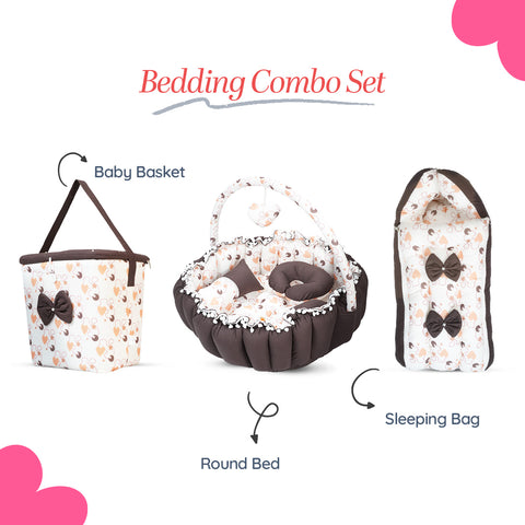 Adorables Baby Round Bedding Combo Set 3 in 1 | Dark Coffee & White | Heart Print & Lace Design | Cotton & Recron | Includes Round Bed, Sleeping Bag & Large Basket