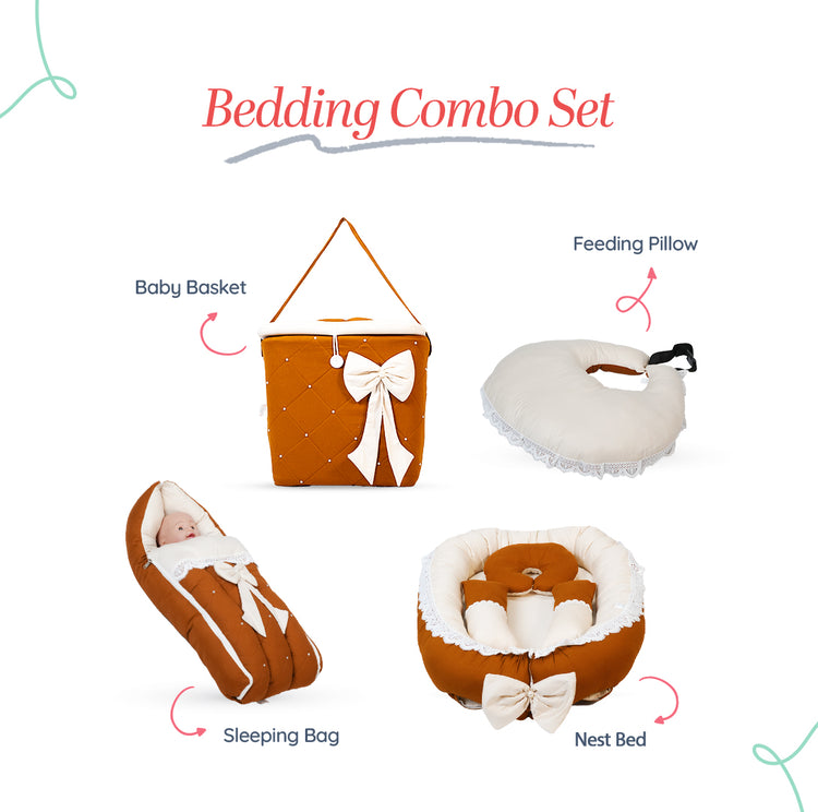 Adorables Baby Nest Bedding Combo Set 4 in 1 | Coffee & Off White | Bow Work, Pearls & Lace Design | Cotton & Recron | With Baby Nest, Sleeping Bag, Basket (L) & Feeding Pillow Short Description