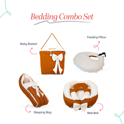 Adorables Baby Nest Bedding Combo Set 4 in 1 | Coffee & Off White | Bow Work, Pearls & Lace Design | Cotton & Recron | With Baby Nest, Sleeping Bag, Basket (L) & Feeding Pillow Short Description