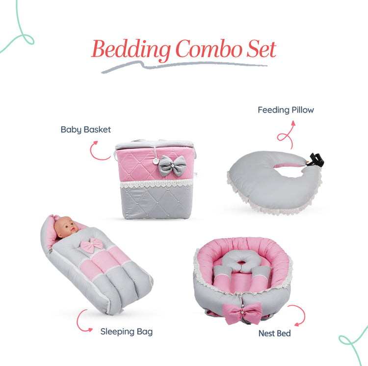 Adorables Baby Nest Bedding Combo Set 4 in 1 | Grey & Pink | Bow Work, Pearls & Lace Design | Cotton & Recron | Includes Baby Nest, Sleeping Bag, Basket (L) & Feeding Pillow.