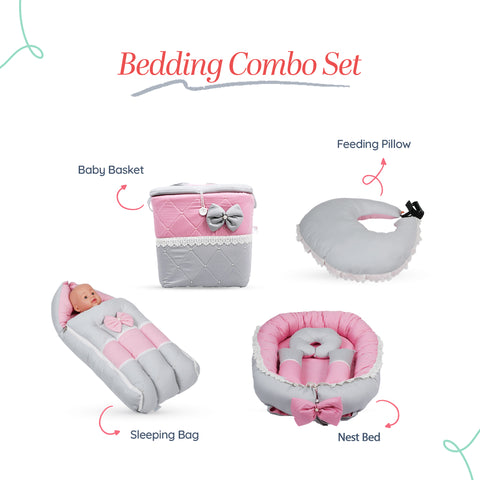 Adorables Baby Nest Bedding Combo Set 4 in 1 | Grey & Pink | Bow Work, Pearls & Lace Design | Cotton & Recron | Includes Baby Nest, Sleeping Bag, Basket (L) & Feeding Pillow.