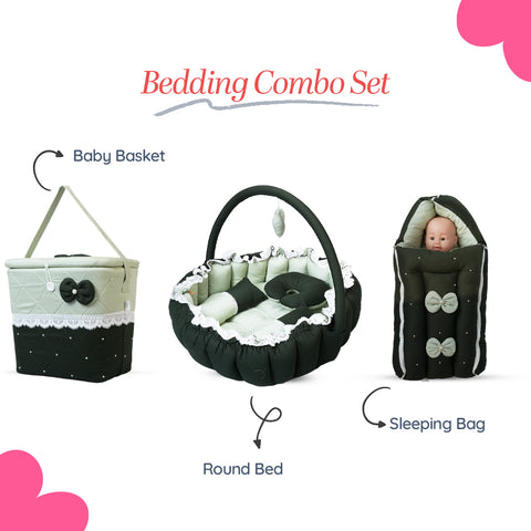 Adorables Baby Round Bedding Combo Set 3 in 1 | Light Green & Dark Green | Bow & Lace Detailing | Cotton & Recron | Includes Round Bed, Sleeping Bag & Large Basket