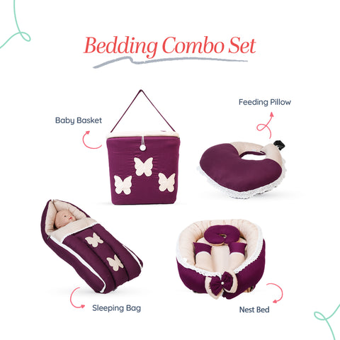 Adorables Baby Nest Bedding Combo Set 4 in 1 | Purple & Beige | Butterfly Embroidery, Bow & Lace Design | Cotton & Recron | Includes Baby Nest, Sleeping Bag, Basket (L) & Feeding Pillow.