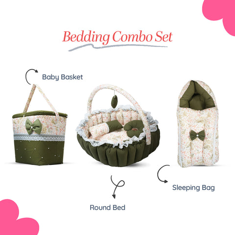 Adorables Baby Round Bedding Combo Set 3 in 1 | Olive Green & Off White | Leaf Print | Cotton & Recron | With Round Bed, Basket (L) & Baby Holder