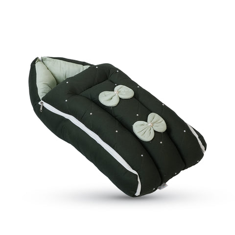 Adorables Baby Sleeping Bag – Light Green & Dark Green | Bow & Pearls Work | Soft Cotton & Recron