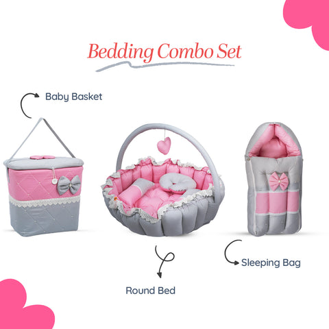 Adorables Baby Round Bedding Combo Set 3 in 1 | Grey & Pink | Bow Work & Lace | Cotton & Recron | With Round Bed, Basket (L) & Sleeping Bag