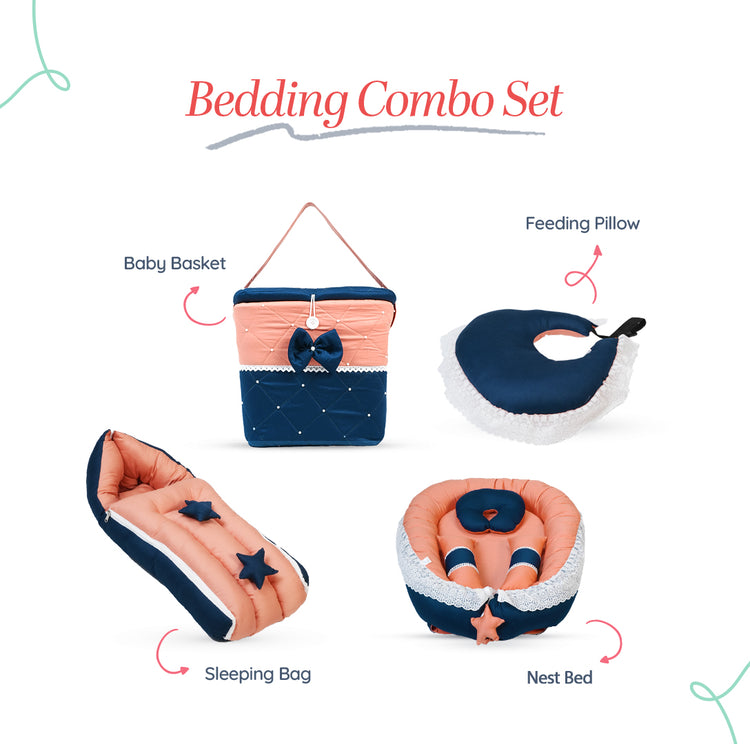 Adorables Baby Nest Bedding Combo Set 4 in 1 | Turquoise Blue & Peach | Star Bow Work & Lace Design | Cotton & Recron | With Baby Nest, Sleeping Bag, Basket (L) & Feeding Pillow
