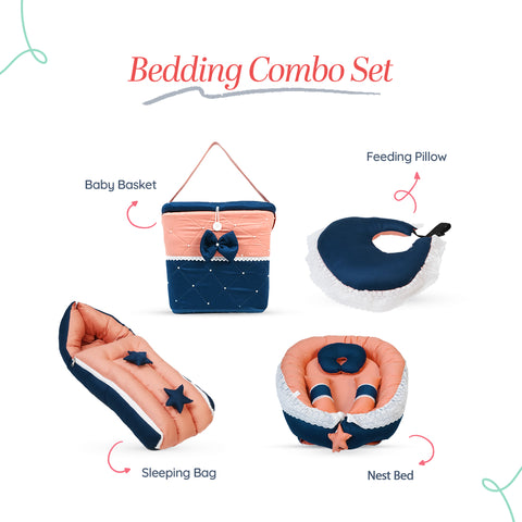 Adorables Baby Nest Bedding Combo Set 4 in 1 | Turquoise Blue & Peach | Star Bow Work & Lace Design | Cotton & Recron | With Baby Nest, Sleeping Bag, Basket (L) & Feeding Pillow
