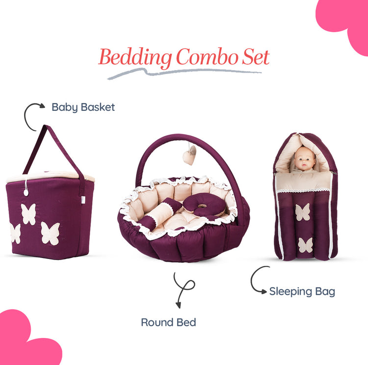 Adorables Baby Round Bedding Combo Set 3 in 1 | Purple & Beige | Butterfly Embroidery & Lace | Cotton & Recron | Includes Round Bed, Sleeping Bag & Large Basket