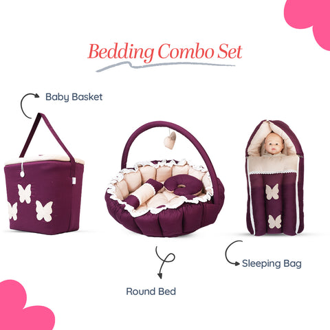 Adorables Baby Round Bedding Combo Set 3 in 1 | Purple & Beige | Butterfly Embroidery & Lace | Cotton & Recron | Includes Round Bed, Sleeping Bag & Large Basket