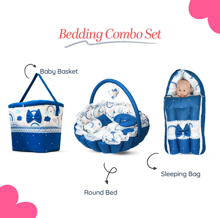 Adorables Baby Round Bedding Combo Set 3 in 1 | Royal Blue & White | Rainbow Print, Bow & Lace | Cotton & Recron | With Round Bed, Basket (L) & Baby Holder
