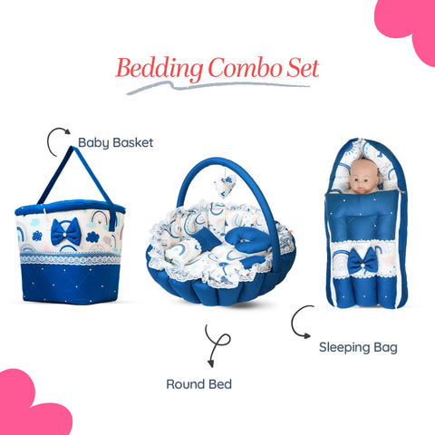 Adorables Baby Round Bedding Combo Set 3 in 1 | Royal Blue & White | Rainbow Print, Bow & Lace | Cotton & Recron | With Round Bed, Basket (L) & Baby Holder