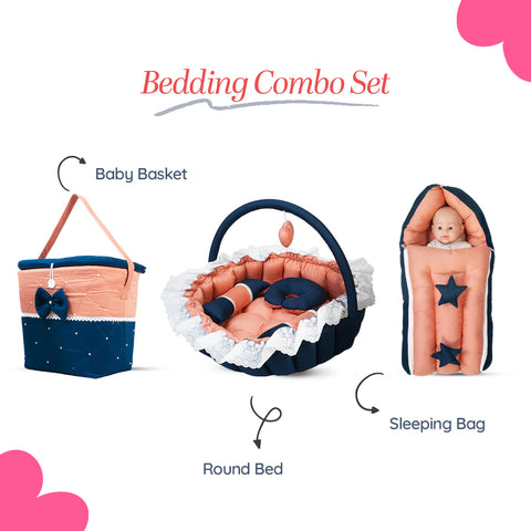 Adorables Baby Round Bedding Combo Set 3 in 1 | Turquoise Blue & Peach | Bow, Star, Pearls & Lace | Cotton & Recron | With Round Bed, Basket (L) & Sleeping Bag