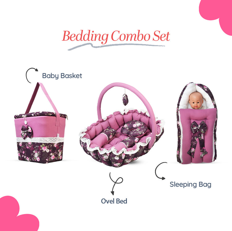Adorables Baby Oval Bedding Combo Set 3 in 1 | Grape & Dusted Pink | Floral Print, Lace & Bow Accents | Cotton & Recron | Includes Oval Bed, Baby Holder & Storage Basket