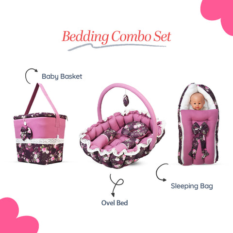 Adorables Baby Oval Bedding Combo Set 3 in 1 | Grape & Dusted Pink | Floral Print, Lace & Bow Accents | Cotton & Recron | Includes Oval Bed, Baby Holder & Storage Basket