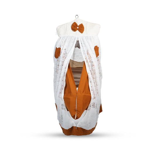Adorables Bed Cradle | Coffee & Off White | Cotton with Recron | Flower Embroidery | Includes Star Hangings and Removable Net