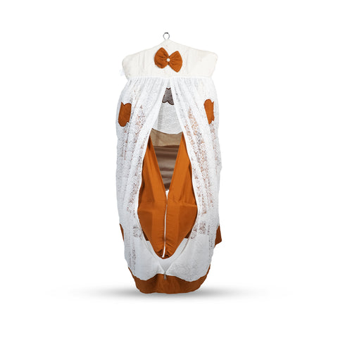 Adorables Bed Cradle | Coffee & Off White | Cotton with Recron | Flower Embroidery | Includes Star Hangings and Removable Net