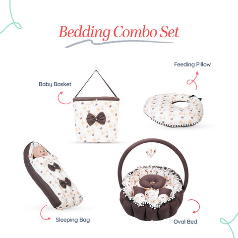 Adorables Baby Oval Bedding Combo Set 4 in 1 | Dark Coffee & White | Heart Print, Bow & Pompom Lace Design | Cotton & Recron | Includes Oval Bed, Baby Holder, Basket (L) & Feeding Pillow.