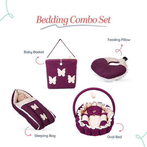 Adorables Baby Oval Bedding Combo Set 4 in 1 | Purple & Beige | Butterfly Embroidery, Lace Design | Cotton & Recron | Includes Oval Bed, Sleeping Bag, Basket (L) & Feeding Pillow.