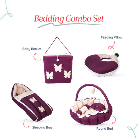 Adorables Baby Round Bedding Combo Set 4 in 1 | Purple & Beige | Butterfly Embroidery & Lace Design | Cotton & Recron | With Round Bed, Sleeping Bag, Basket (L) & Feeding Pillow