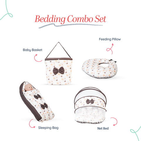 Adorables Baby Net Bedding Combo Set 4 in 1 | Dark Coffee & White | Heart Print | Cotton & Recron | Includes Hospital Bed, Feeding Pillow, Baby Holder & Storage Basket | Elegant Bow, Lace & Pearl Detailing