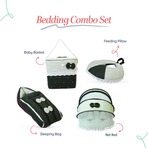 Adorables Baby Net Bedding Combo Set 4 in 1 | Light Green & Dark Green | Bow & Pearl Work | Cotton & Recron | Includes Hospital Bed, Feeding Pillow, Baby Sleeping Bag & Storage Basket