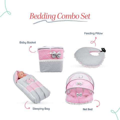 Adorables Baby Net Bed Combo Set 4 in 1 | Grey & Pink | Bow, Pearl & Lace Work | Cotton & Recron | Includes Hospital Bed, Feeding Pillow, Baby Sleeping Bag & Storage Basket
