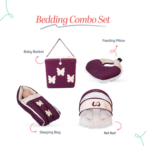 Adorables Baby Net Bedding Combo Set 4 in 1 | Purple & Beige | Double Bow, Butterfly & Lace Design | Cotton & Recron | Includes Hospital Bed, Feeding Pillow, Baby Sleeping Bag & Storage Basket
