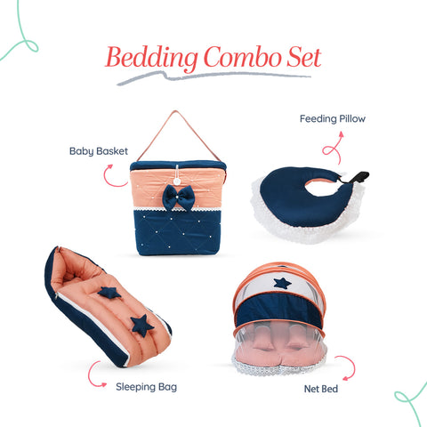 Adorables Baby Net Bedding Combo Set 4 in 1 | Turquoise Blue & Peach | Star Bow & Lace Design | Cotton & Recron | Includes Hospital Bed, Feeding Pillow, Baby Sleeping Bag & Storage Basket