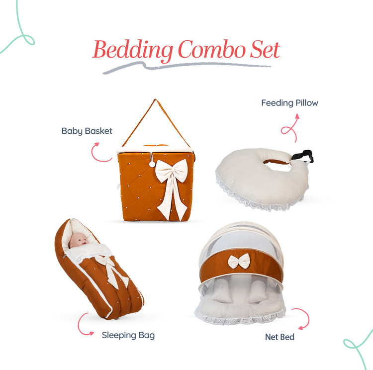 Adorables Baby Net Bedding Combo Set 4 in 1 | Coffee & Off White | Cotton & Recron | Includes Hospital Bed, Feeding Pillow, Sleeping Bag & Storage Basket | Elegant Bow, Lace & Pearl Detailing