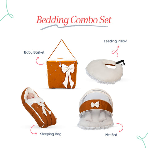 Adorables Baby Net Bedding Combo Set 4 in 1 | Coffee & Off White | Cotton & Recron | Includes Hospital Bed, Feeding Pillow, Sleeping Bag & Storage Basket | Elegant Bow, Lace & Pearl Detailing