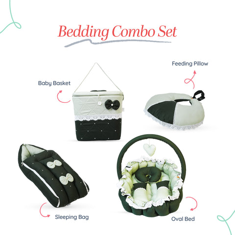 Adorables Baby Oval Bedding Combo Set 4 in 1 | Light Green & Dark Green | Bow, Pearl & Lace Design | Cotton & Recron | Includes Oval Bed, Baby Sleeping Bag, Basket (L) & Feeding Pillow.