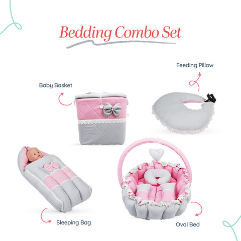 Adorables Baby Oval Bedding Combo Set 4 in 1 | Grey & Pink | Bow, Pearls & Lace Design | Cotton & Recron | With Oval Bed, Sleeping Bag, Basket (L) & Feeding Pillow