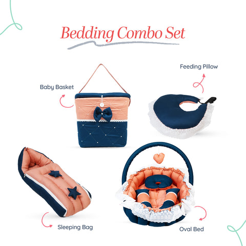 Adorables Baby Oval Bedding Combo Set 4 in 1 | Turquoise Blue & Peach | Star Bow, Pearls & Lace Design | Cotton & Recron | With Oval Bed, Sleeping Bag, Basket (L) & Feeding Pillow