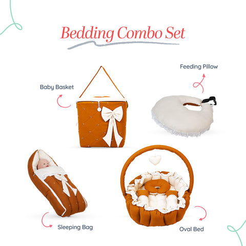 Adorables Baby Oval Bedding Combo Set 4 in 1 | Coffee & Off White | Lace, Bow & Pearl Design | Cotton & Recron | Includes Oval Bed, Sleeping Bag, Basket (L) & Feeding Pillow.