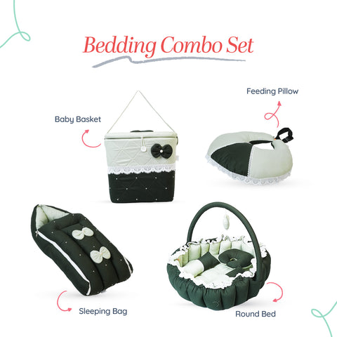 Adorables Baby Round Bedding Combo Set 4 in 1 | Light Green & Dark Green | Lace, Bow & Pearl Design | Cotton & Recron | With Round Bed, Sleeping Bag, Basket (L) & Feeding Pillow