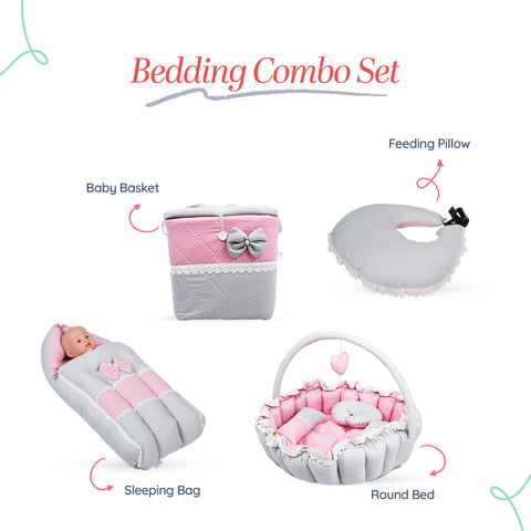 Adorables Baby Round Bedding Combo Set 4 in 1 | Grey & Pink | Lace, Bow & Pearl Design | Cotton & Recron | With Round Bed, Sleeping Bag, Basket (L) & Feeding Pillow