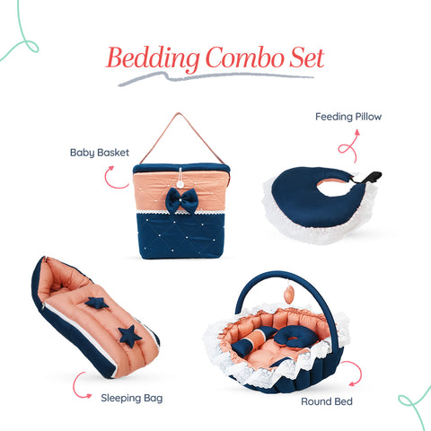 Adorables Baby Round Bedding Combo Set 4 in 1 | Turquoise Blue & Peach | Star Bow Work & Lace Design | Cotton & Recron | With Round Bed, Sleeping Bag, Basket (L) & Feeding Pillow