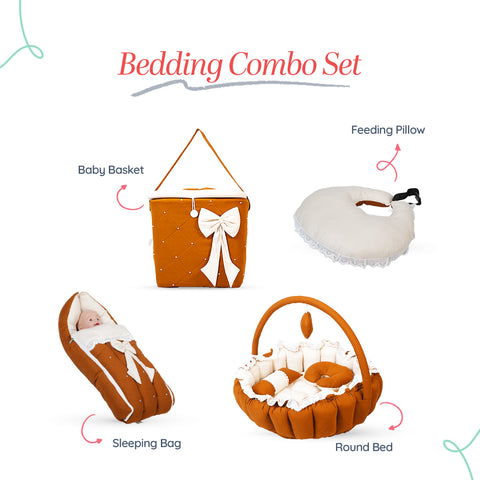 Adorables Baby Round Bedding Combo Set 4 in 1 | Coffee & Off White | Bow, Pearls & Lace Design | Cotton & Recron | Includes Round Bed, Sleeping Bag, Basket (L) & Feeding Pillow