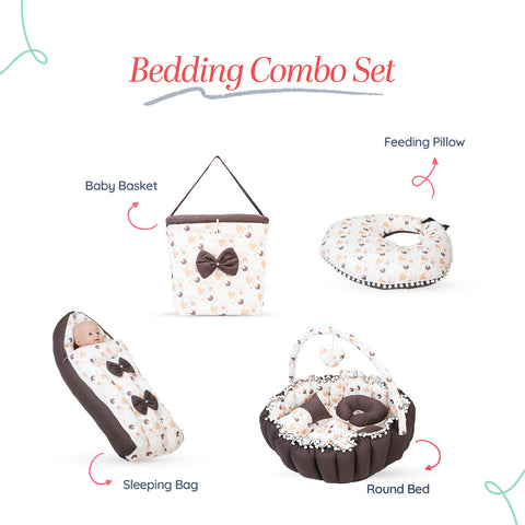 Adorables Baby Round Bedding Combo Set 4 in 1 | Coffee & White | Heart Print, Bow & Pompom Lace Design | Cotton & Recron | Includes Round Bed, Sleeping Bag, Basket (L) & Feeding Pillow.