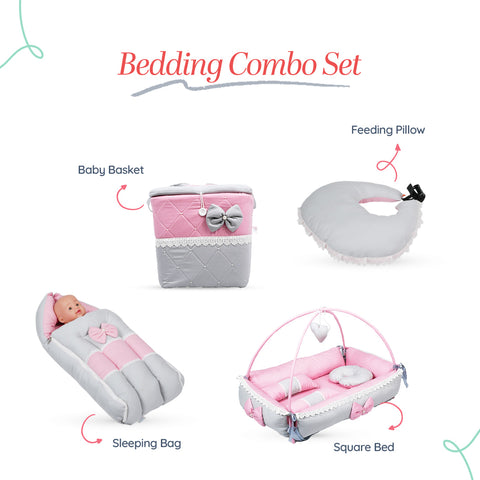 Adorables Baby Square Bedding Combo Set 4 in 1 | Grey & Pink | Bow, Pearls & Lace Design | Cotton & Recron | Includes Square Bed, Sleeping Bag, Basket (L), and Feeding Pillow.